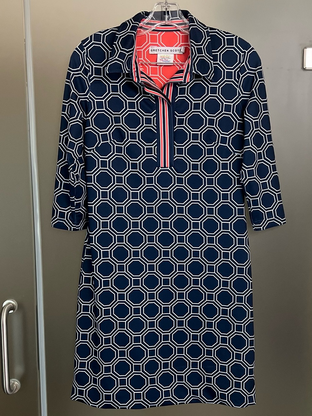 Gretchen Scott Dark Coral and Navy Geometric Shift Dress with Stripe Trim